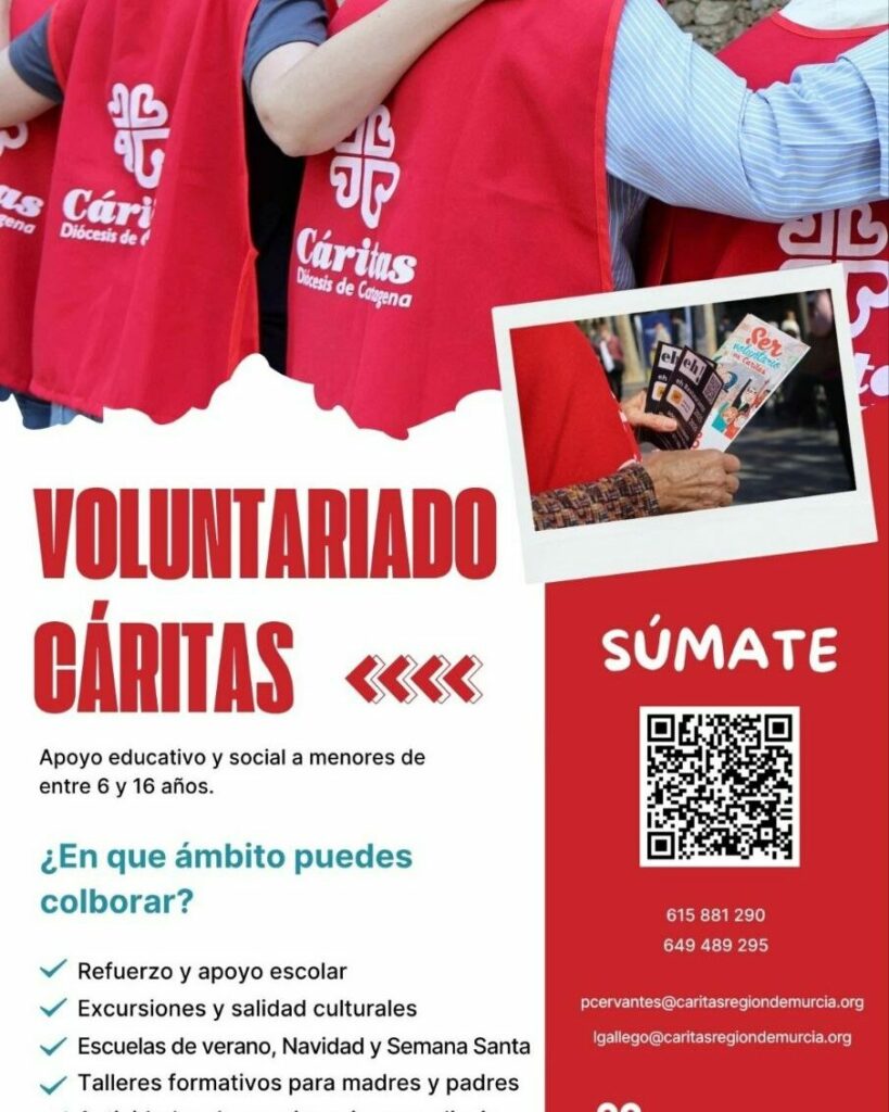 Cartel informativo de voluntariado de Cáritas con personas vistiendo petos rojos y datos de contacto.